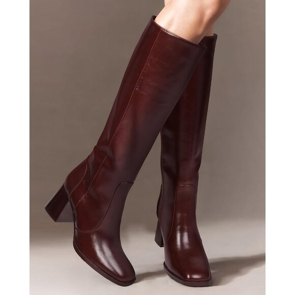 ⚡Women's Burgundy Knee High Boots Square Toe Chunky Heel Side Zipper Rhinestone - Picture 2 of 9